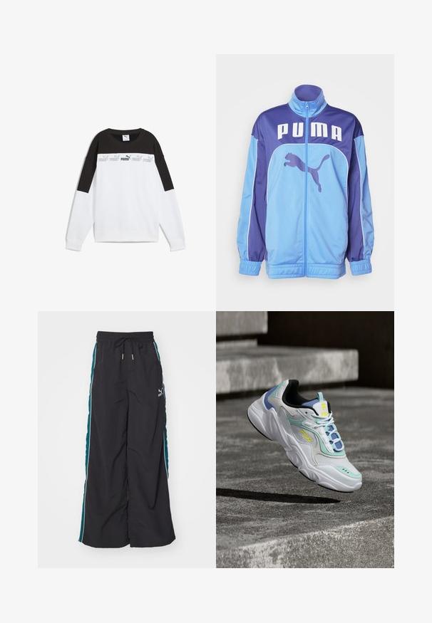 Veste de survêtement PUMA bleue et violette avec un col haut, zip complet et poignets élastiques. Présente un grand logo sur le devant et un graphique latéral d'un puma en train de sauter.; Sweatshirt blanc avec un panneau supérieur noir, arborant un logo "PUMA" gris répété. Fabriqué en tissu doux avec des manches longues et un col rond.; Pantalons larges noirs avec une taille à cordon de serrage, des panneaux latéraux teal et des rayures blanches. Fabriqués à partir d'un matériau lisse et léger.; Baskets FILA blanches, bleues et vert menthe avec logo jaune, suspendues au-dessus de marches en béton projetant une ombre en dessous.