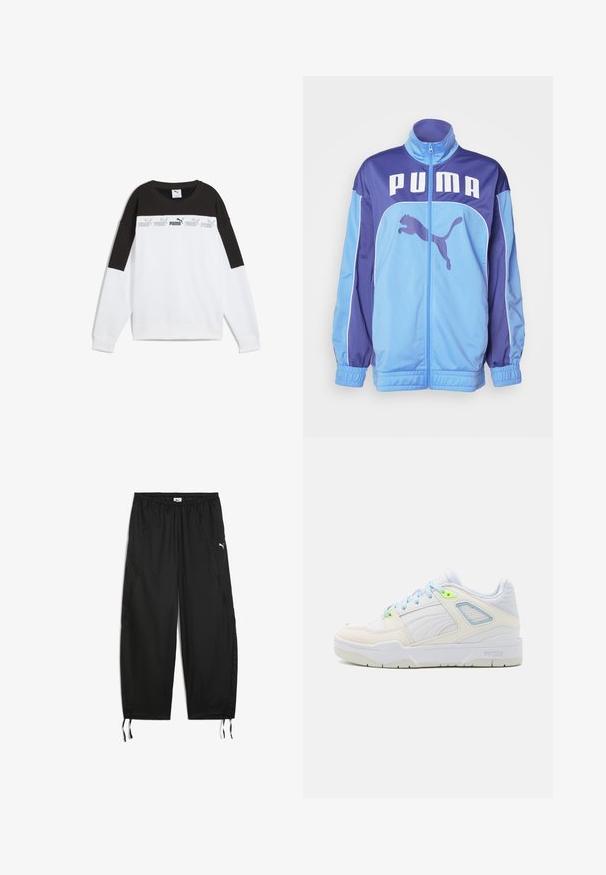 Veste de survêtement PUMA bleue et violette avec un col haut, zip complet et poignets élastiques. Présente un grand logo sur le devant et un graphique latéral d'un puma en train de sauter.; Sweatshirt blanc avec un panneau supérieur noir, arborant un logo "PUMA" gris répété. Fabriqué en tissu doux avec des manches longues et un col rond.; Pantalons de sport noirs en tissu léger avec une taille élastique, des ourlets à cordon et des coutures latérales. Présente un petit logo blanc.; Baskets blanches avec des accents bleu clair et vert néon. Fabriquées en cuir lisse et en mesh, elles présentent un col rembourré et une semelle texturée.