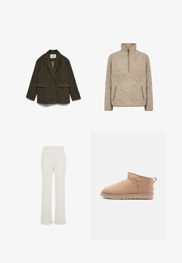 Pruun tekstuuriga pintsak laia krae, kahe rea nööpide, kahe patch-tasku ja summutatud, kootud mustriga. Sisetaskuga vooder.; Beige fliisikangast pullover kõrge kaelusega, veerandi tõmblukuga ja kahe esise taskuga. Omab pehmet, tekstuurset kangast ja kontrastset tan värvi äärestust.; Kreemist ribatud kootud püksid, millel on lõhenev disain. Omab laia elastset vööd ja vertikaalseid triibusid, mis lisavad tekstuuri.; Kamelipäine nahast pahkluu saabas, millel on ümar nina, pehme tekstuur, lihtne disain ja madal kummist tald. Tagaküljel on tõmblukk.