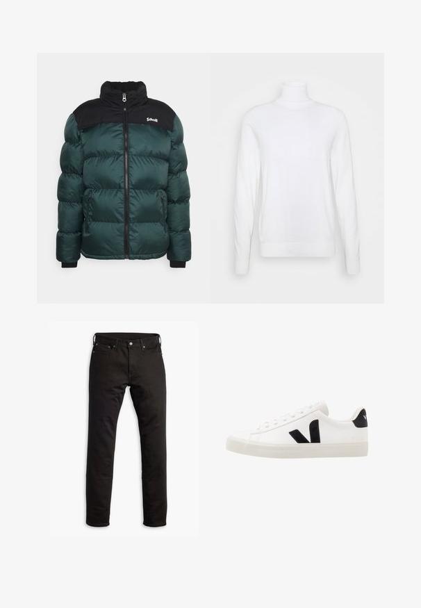 Schott UTAH - Vinterjakker - forest; Hvid turtleneck sweater med lange ærmer, lavet af glat stof. Har et tætsiddende design og ribbede manchetter og kant. Ingen mønstre eller accenter.; Sorte denimjeans med et lige ben-design, forlommer og knaplukning. Stoffet har en glat tekstur og minimal detaljering.; Hvide lædersneakers med sorte ruskindsdetaljer; har en gummisål, rund tå og klassisk snørebåndsdesign. Side logo i sort.
