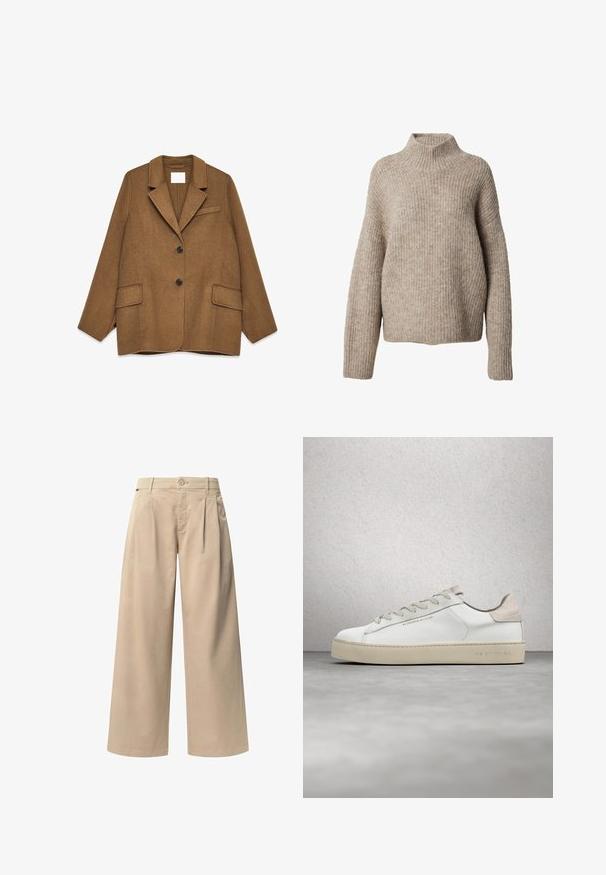 Bruine wolmix blazer met notch revers, enkelvoudig knoopsluiting, twee voorzakken en een borstzak. Voorzien van zwarte knopen.; EDITED BETH - Trui - dunkelbeige; Beige wijde broek met twee voorplooien, een knoopsluiting en een gladde textuur. Ontworpen voor comfort en een losse pasvorm.; Witte leren sneaker met een glanzende afwerking, beige suède accenten, ronde neus, platte vetersluiting en een getextureerde rubberen zool.