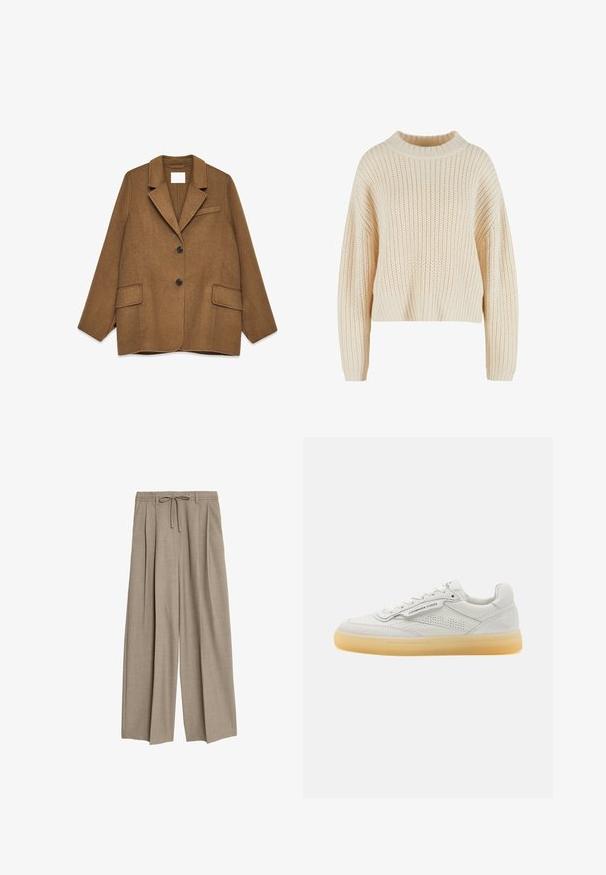 Brun uldblandingsblazer med notch-lapel, en knap design, to forlommer og en brystlomme. Har sorte knapper.; Cremefarvet strikket sweater med høj ribbet krave, brede ærmer og et struktureret mønster hele vejen igennem. Kropet design med ribbet kant.; Beige højtaljede bukser med en afslappet pasform, der har pletter og en snøre i taljen. Materialet ser ud til at være tekstureret og let.; Hvide lædersneakers med perforerede detaljer, rund tå og cremefarvet gummisål. Har tonalt syning og et minimalistisk design.