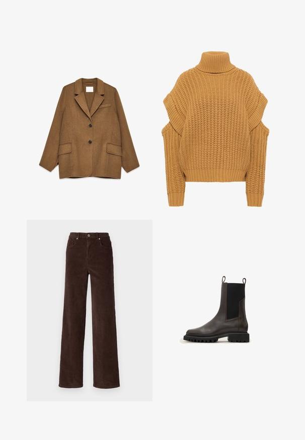 Brun uldblandingsblazer med notch-lapel, en knap design, to forlommer og en brystlomme. Har sorte knapper.; Sennepsfarvet strikket sweater med højt rullekrave, oversized pasform, ribbede manchetter og sænkede skuldre, prydet med et tekstureret chunky mønster.; Vero Moda VMTESSA WIDE PANTS - Bukser - chocolate torte; Brune læder chelsea støvle med elastiske sidepaneler, en pull-tab og en robust gummisål med dybe riller til traction.