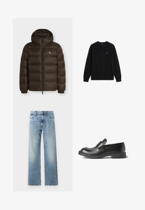Veste matelassée marron foncé avec capuche, fermeture éclair devant, poignets élastiques et petit logo blanc CK sur le côté gauche de la poitrine.; Pull noir côtelé à manches longues, col rond et petit logo blanc "cK" sur la poitrine gauche.; Jean droit en denim bleu clair avec taille haute, cinq poches, fermeture à boutons et léger délavage sur les cuisses et les genoux.; CAMPERLAB MIL-1978 - Chaussons - schwarz