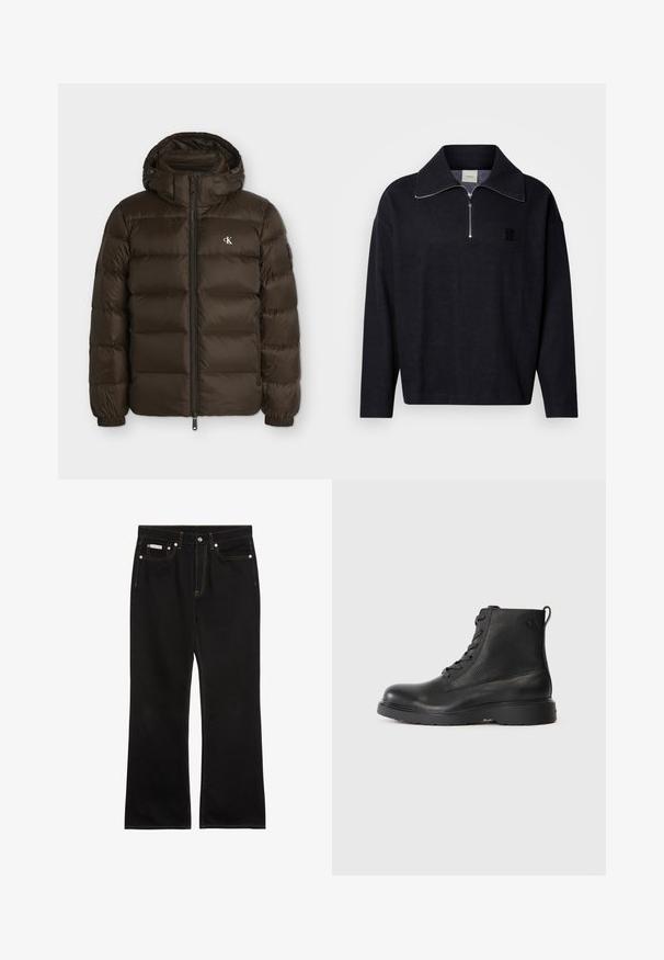 Dunkelbraune gesteppte Jacke mit Kapuze, Frontreißverschluss, elastischen Bündchen und kleinem weißem CK-Logo auf der linken Brust.; Dunkelblauer Pullover mit hohem Kragen, halblangem Reißverschluss vorne und einem quadratischen Logo-Patch. Hergestellt aus einem weichen, strukturierten Stoff mit langen Ärmeln.; Schwarze Jeans mit geradem Bein, oranger Naht, fünf Taschen, Knopfverschluss und kleinem Calvin Klein-Label auf der vorderen rechten Tasche.; Schwarze Knöchelstiefel aus strukturiertem Leder mit runder Spitze, Schnürdesign und einer robusten schwarzen Gummisohle. Verfügt über eine Schlaufe an der Ferse.