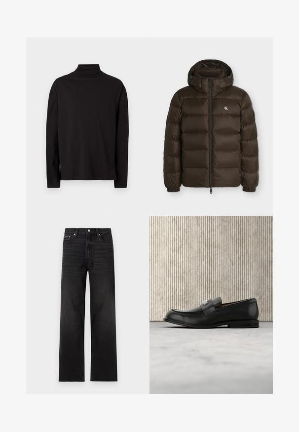 Veste matelassée marron foncé avec capuche, fermeture éclair devant, poignets élastiques et petit logo blanc CK sur le côté gauche de la poitrine.; Haut à col roulé noir à manches longues en tissu doux et lisse, avec une coupe décontractée et sans motifs ni accents visibles.; Jean noir droit avec cinq poches, passants pour ceinture et fermeture par bouton, présenté sur un fond blanc.; Mocassin en cuir noir avec une plaque de marque en métal reposant près d'une table ronde marron sur un sol recouvert de moquette beige.