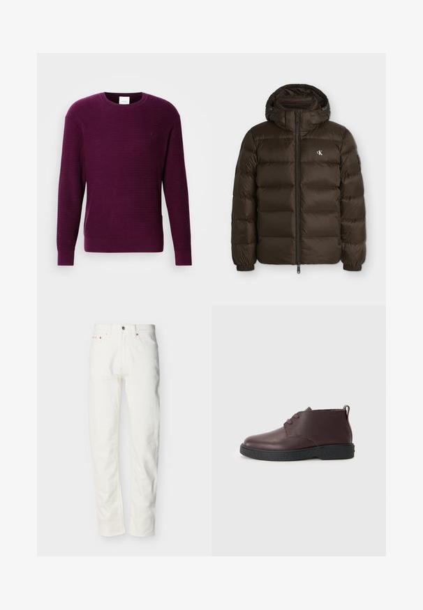Veste matelassée marron foncé avec capuche, fermeture éclair devant, poignets élastiques et petit logo blanc CK sur le côté gauche de la poitrine.; Pull en tricot violet avec un col rond, des manches longues et des poignets côtelés. Le tissu texturé présente un motif subtil et un petit logo.; Jean en denim blanc pour homme, coupe droite, avec bouton et fermeture éclair à l'avant, passants pour ceinture et design à cinq poches.; Bottine en cuir bordeaux avec un bout rond, deux œillets pour les lacets, semelle noire texturée et une languette au talon.