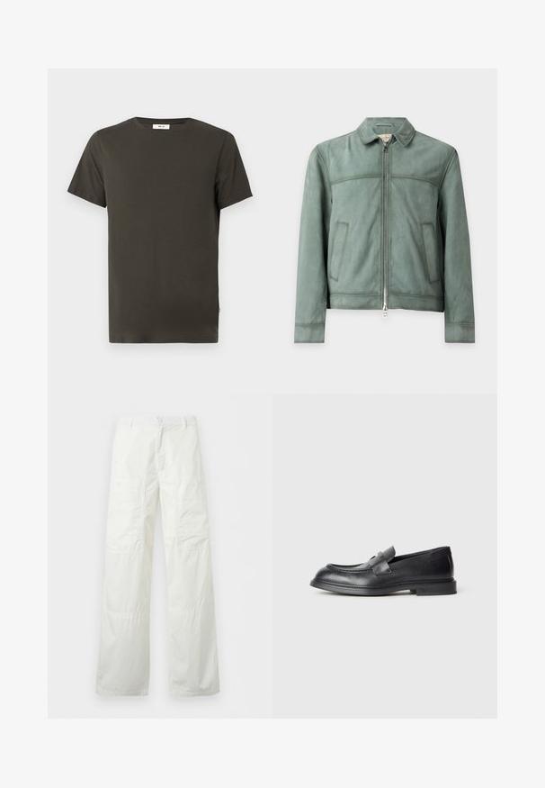 Veste en daim verte zippée avec col et deux poches avant, présentée sur un fond clair uni.; T-shirt à manches courtes col rond couleur vert olive foncé avec une petite étiquette blanche sur la couture latérale inférieure sur fond blanc.; Pantalon blanc à jambes larges avec taille boutonnée et deux grandes poches cargo boutonnées sur les cuisses, présenté à plat sur fond blanc.; Mocassins en cuir noir avec une finition texturée, dotés d'une bride décorative à l'avant et d'un bout arrondi. Semelle en caoutchouc pour plus de durabilité.