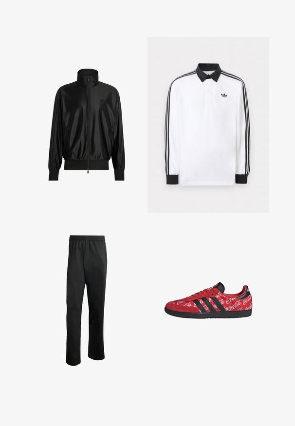 Sort skinnende trackjakke med fuld frontlynlås, ribstrikkede manchetter og kant, høj krave, sidelommer og diskret Adidas-logo på brystet.; Hvid langærmet polo med sort krave, sorte manchetter, sort tre-stribet design på ærmerne og sort Adidas-logo på brystet.; Sorte træningsbukser med en komfortabel elastisk livline, to sidelommer og et glat, let stof. Har diskrete logo detaljer.; Rød Adidas sneaker med sorte striber og sål, med hvide Coca-Cola logoer over hele den stof øverste del.