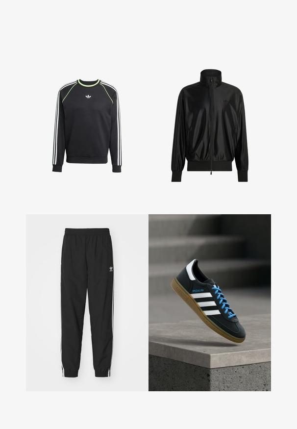 Sort skinnende trackjakke med fuld frontlynlås, ribstrikkede manchetter og kant, høj krave, sidelommer og diskret Adidas-logo på brystet.; Sort sweatshirt med hvidt tre-stribesdesign på ærmerne og limegrønne detaljer. Har rund halsudskæring og et lille logo på brystet.; Sorte træningsbukser med elastisk talje og manchetter, med hvide sidelister og et lille hvidt Adidas-logo på venstre hofte.; Sort Adidas sneaker med hvide striber, blå snørebånd og gummisål, der svæver over gråt betontrin i blødt lys.