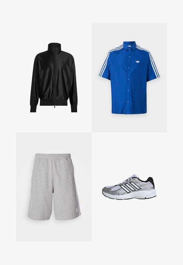 Schwarze glänzende Trainingsjacke mit durchgehendem Frontreißverschluss, gerippten Bündchen und Saum, hohem Kragen, Seitentaschen und dezentem Adidas-Logo auf der Brust.; Blaues kurzärmliges Hemd mit Knopfleiste, weißem Adidas-Logo auf der Brust und drei weißen Streifen entlang der Schultern und Ärmel.; Graue Sportshorts aus einem Baumwollmix. Mit seitlichen Taschen, elastischem Bund und weißen Seitenstreifen. Klassisches Design.; Mesh-Sportschuh in Weiß und Silber mit schwarzen Akzenten, drei weißen Streifen als Logo, gepolstertem Kragen und strukturiertem Gummisohle.