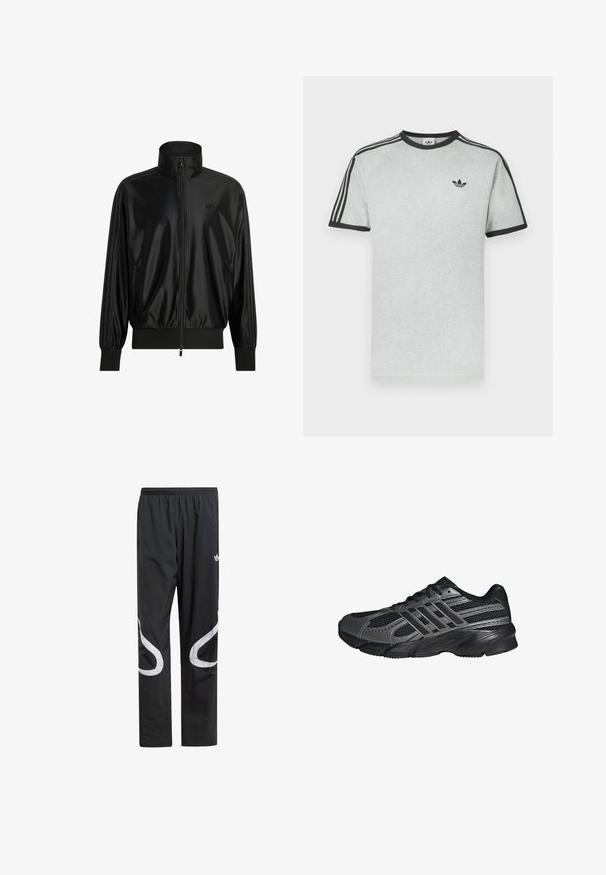 Sort skinnende trackjakke med fuld frontlynlås, ribstrikkede manchetter og kant, høj krave, sidelommer og diskret Adidas-logo på brystet.; Grå t-shirt med sorte accenter, med rund hals og korte ærmer. Tre sorte striber på skuldrene, lille logo på brystet.; Sorte træningsbukser med elastisk talje, der har store hvide buede detaljer på siderne og et lille logo på den øverste lår.; Sorte træningssko lavet af mesh og syntetiske materialer, med en tekstureret overflade, flere grå striber og en polstret krave.