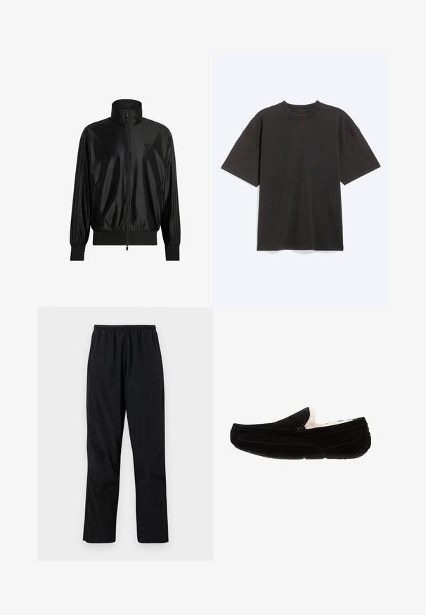 Must mustläikiv spordijakk, millel on täielik esilukk, soonikkoes mansetid ja ääred, kõrge krae, küljetaskud ning diskreetne Adidas logo rinnal.; Must värvi üle suuruse lühikeste varrukatega t-särk ümmarguse kaelusega, laotatud laiali heleda halli taustal.; Mustad mustan värvi nailonist püksid elastse vööga, kergesti hingav tekstuur ja õmbluse detailid, mis loovad kaasaegse disaini.; Mustad suede mokassiini suss, pehmea kreemjas vooder, tasane tald ja käsitsi õmmeldud detailid õmbluste ääres.