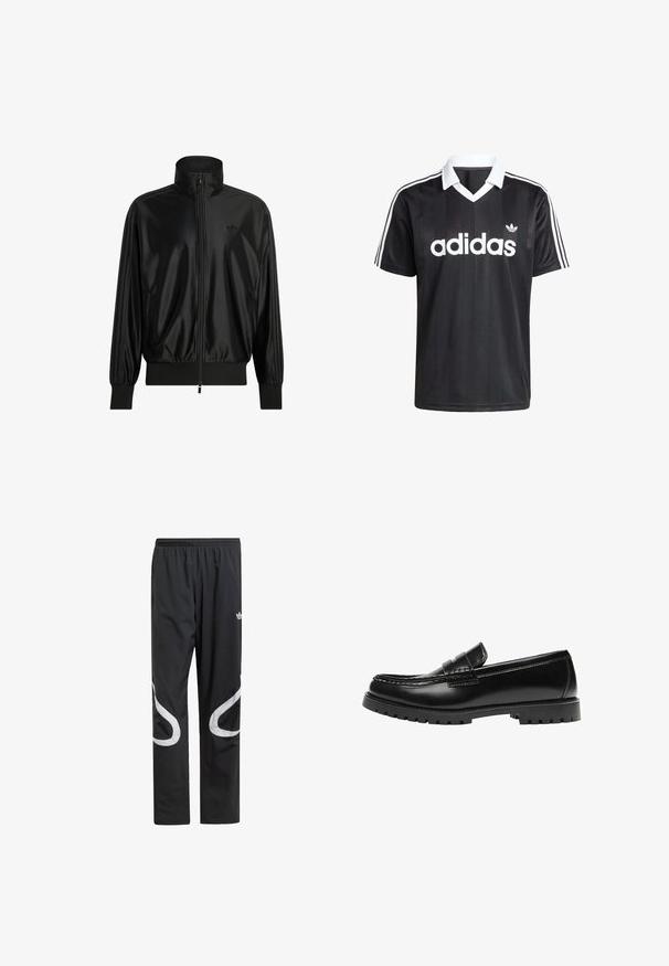 Sort skinnende trackjakke med fuld frontlynlås, ribstrikkede manchetter og kant, høj krave, sidelommer og diskret Adidas-logo på brystet.; Sort kortærmet trøje af glat stof med en hvid V-hals, tre hvide striber på hver skulder og et stort hvidt logo.; Sorte træningsbukser med elastisk talje, der har store hvide buede detaljer på siderne og et lille logo på den øverste lår.; Sort læderloafer med en kraftig gummisål og klassiske penny-strap detaljer, vist fra ydersiden.