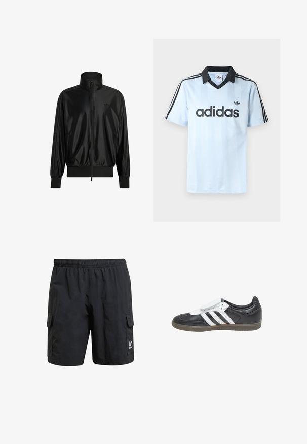 Veste de survêtement noire brillante avec fermeture éclair intégrale à l'avant, poignets et ourlet côtelés, col montant, poches latérales et logo discret Adidas sur la poitrine.; Maillot de sport bleu clair avec un col noir, présentant des rayures verticales et trois rayures noires sur chaque manche. Logo "adidas" en noir.; Shorts cargo noirs avec une taille élastique, deux poches latérales et un logo sur la jambe inférieure. Fabriqués en tissu léger avec une texture lisse.; adidas Originals SAMBA LT - Baskets basses - core black footwear white gum