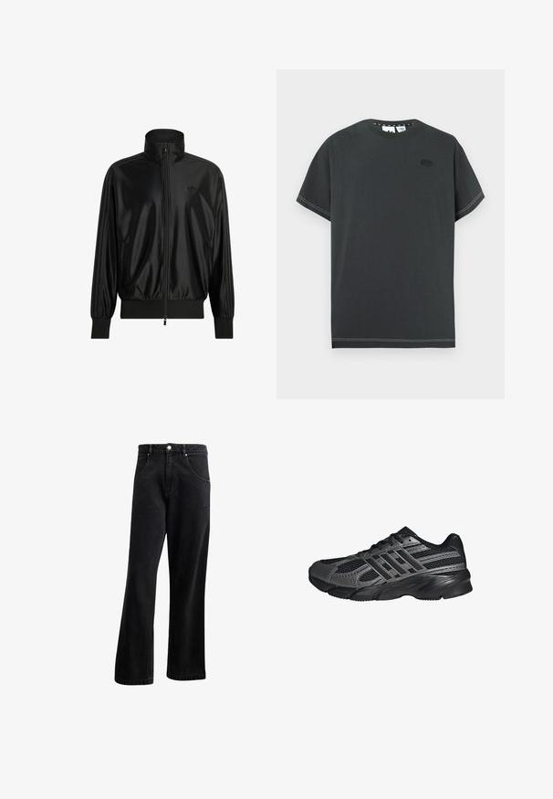 Sort skinnende trackjakke med fuld frontlynlås, ribstrikkede manchetter og kant, høj krave, sidelommer og diskret Adidas-logo på brystet.; Mørkegrå bomuld t-shirt med rund halsudskæring, korte ærmer og hvide syningsdetaljer. Har en lille logotype på brystet.; Sorte denim jeans med straight-leg design, der har frontlommer, en knaplukning og en let tekstur. Inkluderer en diskret logo detalje.; Sorte træningssko lavet af mesh og syntetiske materialer, med en tekstureret overflade, flere grå striber og en polstret krave.
