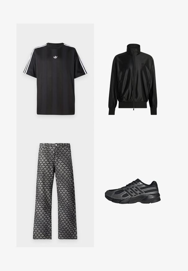 Sort skinnende trackjakke med fuld frontlynlås, ribstrikkede manchetter og kant, høj krave, sidelommer og diskret Adidas-logo på brystet.; Sort t-shirt med korte ærmer, hvide tre-stribede design på skuldrene og en lille hvid logo på brystet. Fremstillet af letvægtsstof.; Bukser med brede ben i sort og grå med et struktureret løvmønster. Har klassisk design med fem lommer og lukning med metal knap.; Sorte træningssko lavet af mesh og syntetiske materialer, med en tekstureret overflade, flere grå striber og en polstret krave.