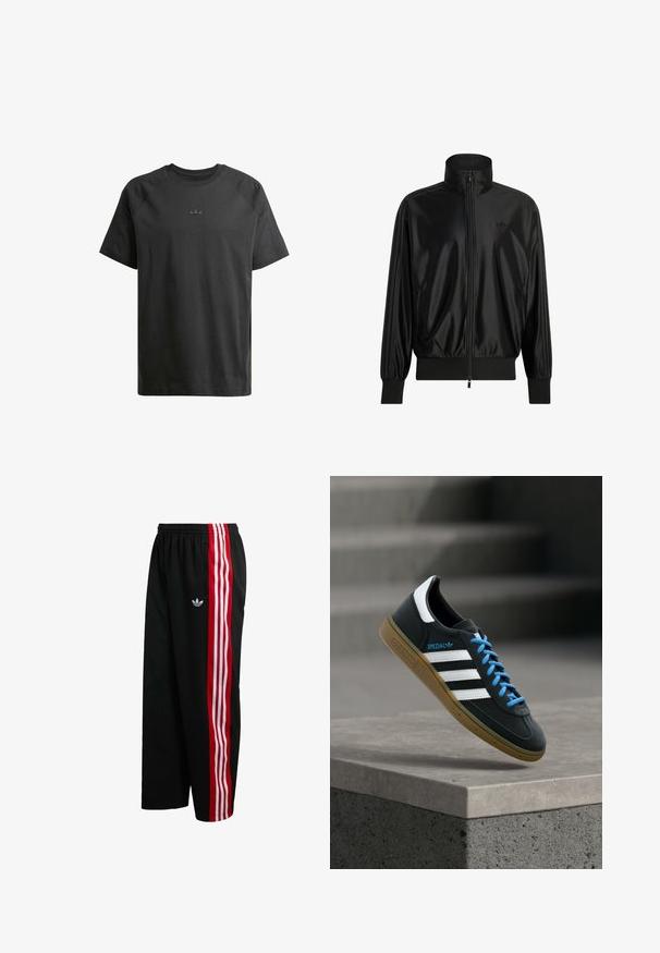 Čierna lesklá športová bunda s celým predným zipsom, rebrovanými manžetami a lemom, vysokým golierom, bočnými vreckami a nenápadným logom Adidas na hrudi.; Čierne bavlnené tričko s krátkymi raglánovými rukávmi, s jemne embosovaným logom na hrudi a hladkou textúrou po celom povrchu.; Čierne sieťované nohavice s voľným strihom, červenými a bielymi pruhovanými bočnými panelmi a malým bielym logom na ľavej strane. Elastický pás.; Čierna teniska Adidas s bielymi pruhmi, modrými šnúrkami a gumovou podrážkou, ktorá sa vznáša nad sivým betónovým schodom v mäkkom svetle.