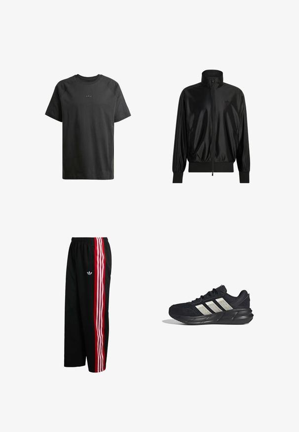 Chaqueta de chándal negra brillante con cremallera completa frontal, puños y dobladillo acanalados, cuello alto, bolsillos laterales y un sutil logo de Adidas en el pecho.; Camiseta de algodón negra con mangas raglán cortas, que presenta un sutil logo en relieve en el pecho y una textura suave en todo su diseño.; Pantalones de malla negros con ajuste amplio, paneles laterales a rayas rojas y blancas, y un pequeño logo blanco en el lado izquierdo. Cintura elástica.; Zapato deportivo negro con tres rayas blancas en el lateral, parte superior de malla, suela gruesa y cordones negros mostrado desde el lado izquierdo.
