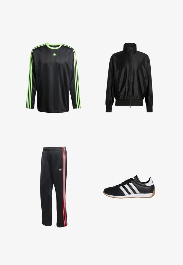 Zwarte glanzende trainingsjas met volledige ritssluiting aan de voorkant, geribbelde manchetten en zoom, hoge kraag, zijzakken en een subtiel Adidas-logo op de borst.; adidas Originals JACQ - Longsleeve - black signal green; Zwarte trainingsbroek met verticale geribbelde textuur, voorzien van rode en witte zijstrepen en een klein wit logo op het linkerbeen.; Zwarte lage sneaker met witte drie strepen, zwarte veters, wit hielstuk en gumkleurige zool, gezien vanaf de zijkant.