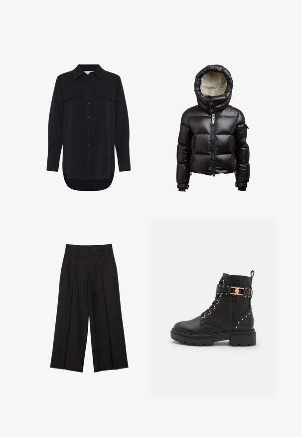 Sort, blank pufferjakke med stor hætte, frontlynlås, sidelommer, en lille lomme på venstre ærme og "JACKIT" lynlåsgreb.; My Essential Wardrobe MWSILLE HACE - Skjortebluser - black; Sorte vide bens cropped bukser med bæltestropper og forreste plisseringer, lavet af et glat stof for et skræddersyet udseende.; Anna Field Snørestøvletter - black
