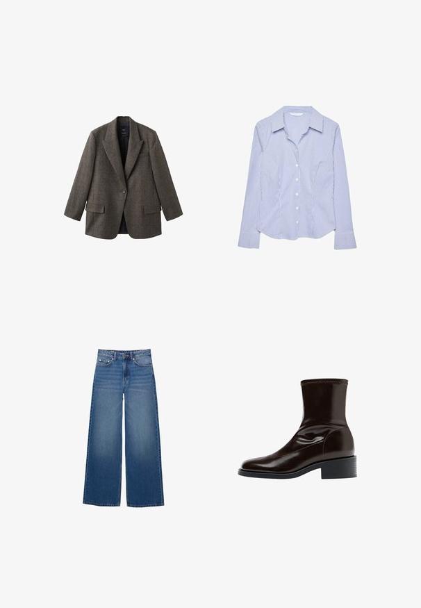 Brun tweed blazer, enkelt knappeluk, efter skåret klapkrave, to frontlommer, brystlomme, skræddersyet pasform og uforet inderside.; Skjorte med knapper i lyseblå og hvide lodrette striber, lange ærmer med stribede manchetter, klassisk krave og to lommer foran.; Vidde-ben denimjeans i en mellemblå vask, med høj talje, fem-lomme design og syningsdetaljer langs sømmene.; Mørkebrun læderankelstøvle med firkantet tå, lav blokhæle og stikning langs øverste kant, vist i sideprofil.