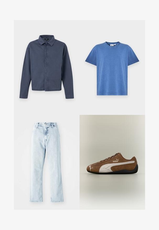 Camisa de hombre de manga larga azul marino con botones delanteros ocultos, cuello y bajo recto, de Vans.; Camiseta de algodón azul con cuello redondo, mangas cortas y un ajuste relajado. Presenta una textura suave y costuras mínimas.; Jeans de mezclilla azul claro con corte recto, que presentan una cintura alta, cinco bolsillos y un cierre de botón. Textura deslavada en toda su superficie.; Zapatilla de ante marrón con detalles en blanco y diseño texturizado. Cuenta con una suela de goma negra y un prominente logo de Puma en el lateral.