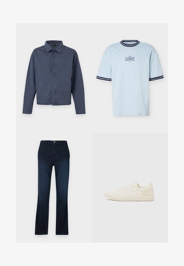 Herrenlangarmhemd in Marineblau von Vans mit Kragen, verdeckter Knopfleiste und geradem Saum.; Hellblaues kurzärmeliges T-Shirt mit dunkelblau gestreiftem Saum am Kragen und den Ärmeln, mit dem Schriftzug "LES CLASSIQUES" vorne gedruckt.; Marineblaue gerade geschnittene Hose aus Denim, mit Reißverschluss, Gürtelschlaufen und einer einzelnen vorderen Tasche mit Kontrastnähten.; ALDO THEPITCH - Sneaker low - white