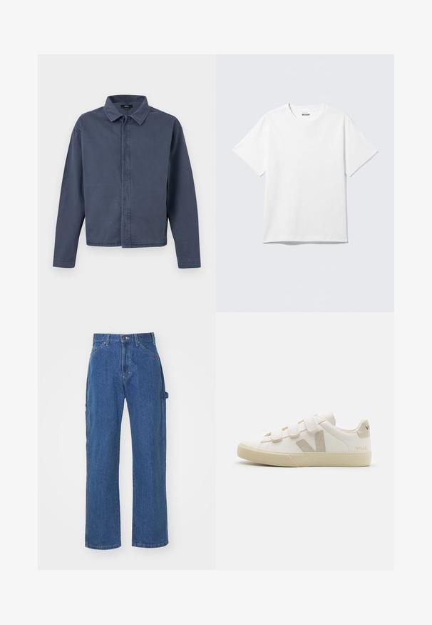 Chemise homme à manches longues bleu marine avec col, boutons cachés à l'avant et ourlet droit, par Vans.; T-shirt blanc à manches courtes et col rond, étalé à plat, design uni, avec l'étiquette "WEEKDAY" à l'intérieur du col sur un fond clair.; Jeans en denim bleu avec une coupe décontractée et une jambe droite, comprenant des poches avant et arrière et une fermeture à bouton à la taille.; Baskets en cuir blanc avec des bandes Velcro, accents beiges, bout arrondi, semelle en caoutchouc texturé et logo embossé. Design minimaliste.