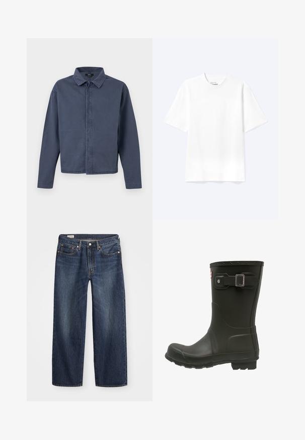 Heren overhemd met lange mouwen in marineblauw, met kraag, verborgen knopen aan de voorkant en rechte zoom van Vans.; Effen witte T-shirt met korte mouwen en ronde hals, met een losse pasvorm, weergegeven op een lichte achtergrond.; Donkerblauwe spijkerbroek met een rechte pijp, vijf zakken, metalen knoop en rits, en subtiele wassingpatronen.; Zwarte rubberen regenlaars met een ronde neus, een gespband aan de bovenkant en een geprofileerde buitenzool voor grip.
