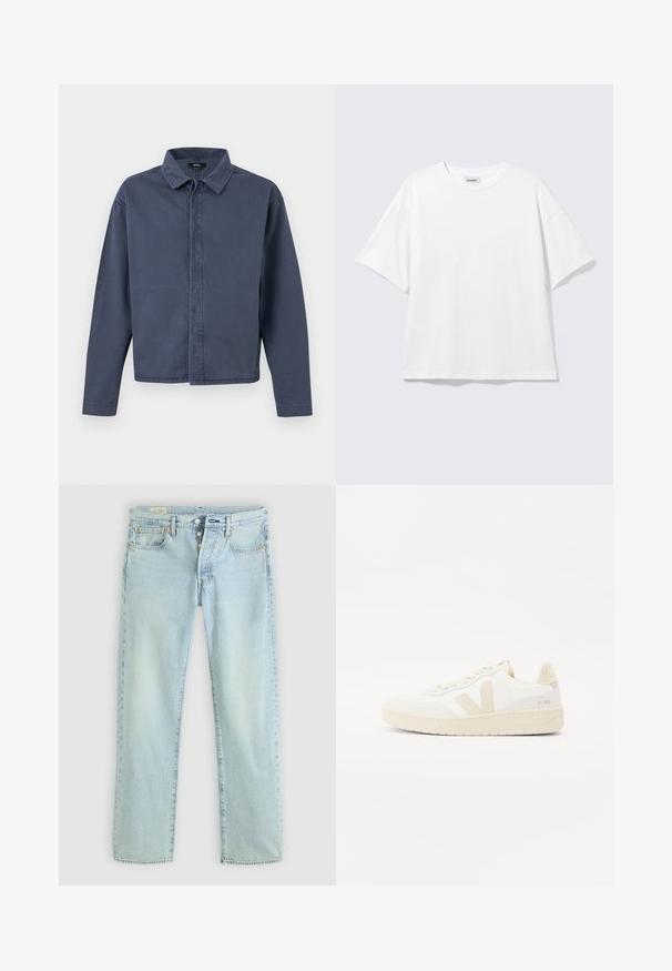 Herrenlangarmhemd in Marineblau von Vans mit Kragen, verdeckter Knopfleiste und geradem Saum.; Weißes oversized T-Shirt mit kurzen Ärmeln und Rundhalsausschnitt mit eingesetzten Schultern, flach auf hellgrauem Hintergrund.; Helle blaue Denim-Jeans mit geradem Schnitt, fünf Taschen, Knopfverschluss und dezentem Verblassen. Mit Steppdetails und Kupfennieten.; Weißer Sneaker mit beigen Akzenten, ausgestattet mit einem strukturierten Obermaterial, runder Zehenpartie und einer dicken Gummisohle. Das Design umfasst das ikonische V-Logo und Branding.