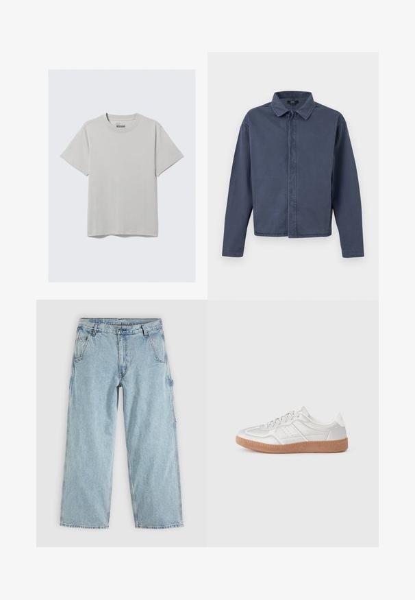 Chemise homme à manches longues bleu marine avec col, boutons cachés à l'avant et ourlet droit, par Vans.; T-shirt en coton gris clair avec un col rond et des manches courtes, arborant un design minimaliste et une coupe décontractée. Aucun motif ni accent.; Jean denim droit bleu clair avec poches avant, passants de ceinture, fermeture par boutons et une boucle latérale pour outils.; Baskets argentées avec une texture lisse, un design à lacets, des accents perforés et une semelle en caoutchouc marron texturé.