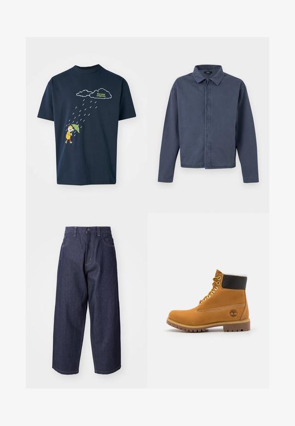 Heren overhemd met lange mouwen in marineblauw, met kraag, verborgen knopen aan de voorkant en rechte zoom van Vans.; Marineblauwe katoenen t-shirt met een gepixeld grafisch ontwerp van een figuur met een paraplu onder wolken en regendruppels, met daarboven tekst in lichtgroen.; Donkerblauwe denim jeans met een losse, wijde pasvorm. Kenmerken zijn een knoopsluiting, steekzakken aan de voorkant en zichtbare stiksels.; Bruine leren enkellaars met metalen oogjes, witte faux bont voering, zwarte gewatteerde kraag, robuuste zool en een reliëflogo aan de zijkant.