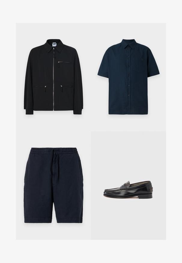 Veste noire en tissu léger, dotée d'une fermeture éclair à l'avant, de deux poches latérales et d'une poche poitrine zippée en haut.; Chemise à manches courtes, à boutons, de couleur bleu marine foncé, en coton texturé, avec une poche poitrine unique et cinq boutons sur le devant.; Shorts en lin navy avec une taille élastique et un cordon de serrage, offrant une coupe décontractée et une surface légèrement texturée.; Mocassins en cuir noir avec un design de style mocassin, présentant une bande décorative et un détail de couture sur le dessus. Talon bloc bas.