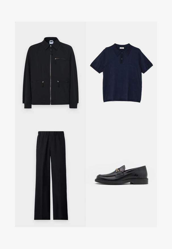 Veste noire en tissu léger, dotée d'une fermeture éclair à l'avant, de deux poches latérales et d'une poche poitrine zippée en haut.; sandro Polo - marine; sandro Pantalon classique - noir; Mocassins en cuir noir avec un embout rond, présentant des accents en métal doré et des détails de couture, montés sur une semelle en caoutchouc texturé et basse.