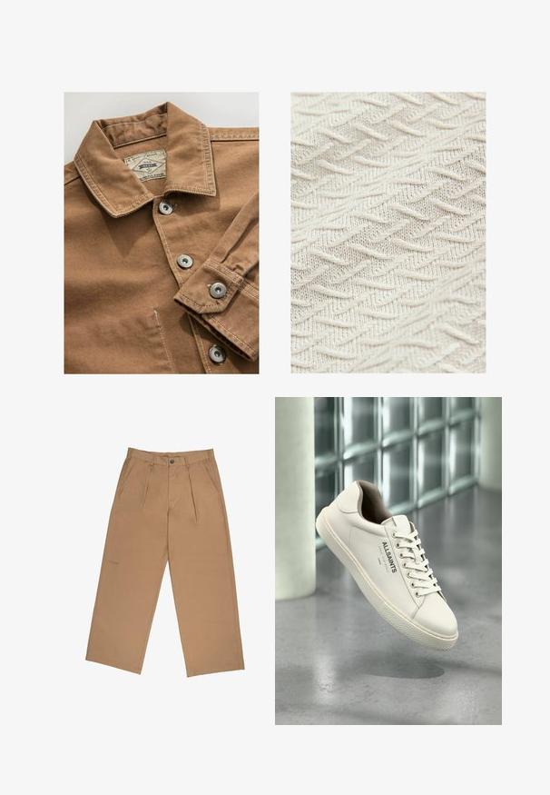 Braune Jeanshemden mit Kragen, silbernen Druckknöpfen und kontrastierenden weißen Nähten. Das Etikett trägt die Aufschrift "Next Durable Goods."; Texturierter Stoff in Cremeton mit Zickzackmuster und erhöhten Fäden für zusätzliche Tiefe und Dimension. Leicht und weich im Griff.; Helle Hose aus einem glatten Stoff, mit Falten, Knopfverschluss und einem gestickten Logo nahe dem Saum.; Weißer AllSaints-Sneaker mit Schnürsenkeln, Logo und japanischem Text, der über einem polierten Betonboden mit mattierten Glasbausteinen im Hintergrund schwebt.