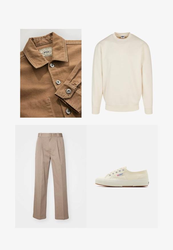 Braune Jeanshemden mit Kragen, silbernen Druckknöpfen und kontrastierenden weißen Nähten. Das Etikett trägt die Aufschrift "Next Durable Goods."; Cremefarbener Sweatshirt mit geripptem Halsausschnitt und Bündchen. Hat eine lockere Passform, weichen Griff und keine sichtbaren Muster oder Grafiken.; Beige, hoch taillierte Hosen mit weit geschnittenem Design. Verfügbar mit zwei Vorderfalten und einer glatten Textur. Standardlänge mit einem sauberen Finish.; Beige Leinen-Sneaker mit niedrigem Profil, Metallösen und Gummisohle. Mit einem strukturierten Muster und einem Logodetail an der Seite.