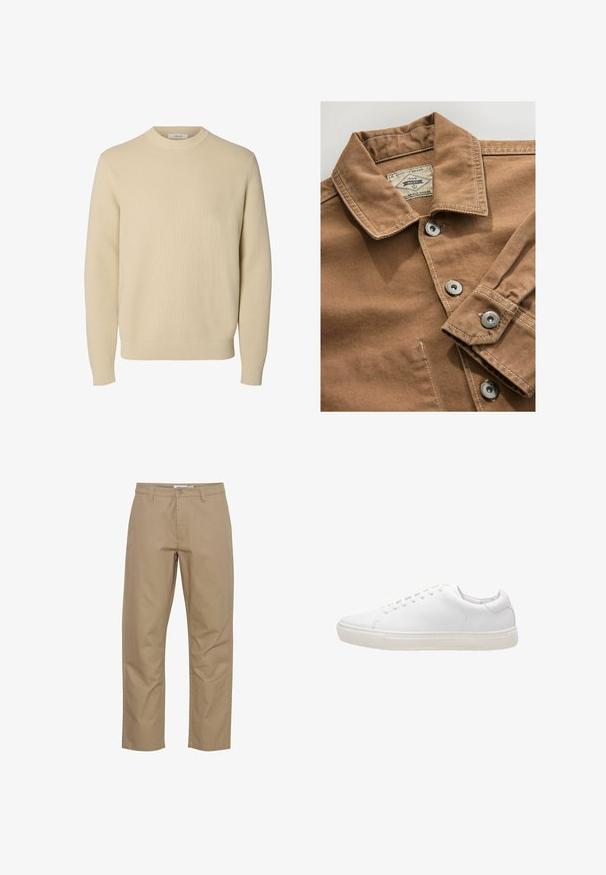 Brun denimskjorte med krave, sølvnap knapper og kontrasterende hvid syning. Etiket læser "Next Durable Goods."; Enkel beige crewneck striktrøje med lange ærmer og ribstrikkede manchetter og kant.; Beige bomuldsbukser med lige ben-design, der har en frontknap og lynlås lukning, sidelommer og et rent finish.; Hvide lædersneakers med en glat overflade, rund tå, snørebåndslukning og flad gummisål. Minimalistisk design uden synlige mønstre.
