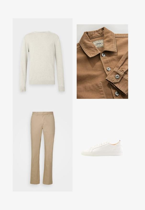 Bruine denim overhemd met een kraag, zilveren drukknoopjes en contrasterende witte stiksels. Etiket zegt "Next Durable Goods."; Beige trui met lange mouwen en ronde hals, voorzien van ribbels aan de mouwen en onderkant, gepresenteerd tegen een eenvoudige witte achtergrond.; Beige rechte broek van katoenen stof met een platte voorkant en ceintuurlussen. Voorzien van een enkele knoopsluiting en omgeslagen manchetten.; Witte leren sneaker met een glad oppervlak, ronde neus en tonale veters. Beschikt over een rubberen zool en een minimalistisch ontwerp met subtiele branding.