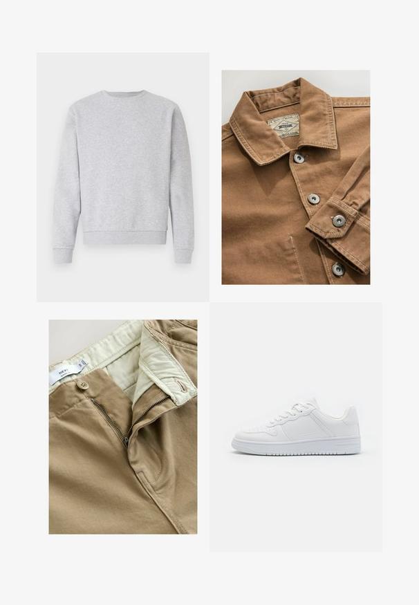 Brun denimskjorte med krave, sølvnap knapper og kontrasterende hvid syning. Etiket læser "Next Durable Goods."; Grå sweatshirt lavet af blødt stof, med rund hals, lange ærmer samt ribbemanchetter og -kant. Simpelt design uden logoer eller mønstre.; Khaki chinos med en knap- og lynlåslukning, der har en blød stoftekstur og en indvendig taljebåndsforing i lys beige.; Hvide sneakers lavet af glat syntetisk materiale, med flade snørebånd, perforeret tå og en gummisål med et tekstureret grebmønster.
