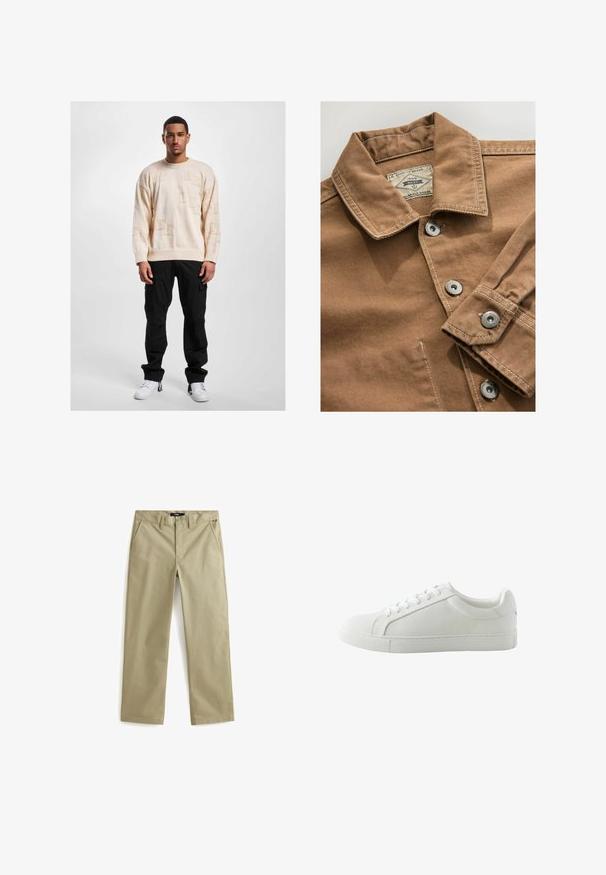 Brun denimskjorte med krave, sølvnap knapper og kontrasterende hvid syning. Etiket læser "Next Durable Goods."; Beige striktrøje med prægede mønstre, rund halsudskæring og sænkede skuldre, parret med sorte cargo bukser og hvide sneakers.; Beige bomulds chinos med lige ben design, der har to forlommer og en klassisk knaplukning. Glat tekstur, minimale detaljer.; Hvid lavt sneaker med snørebånd, glat overdel og flad gummisål, vist fra indersiden set fra siden på en hvid baggrund.
