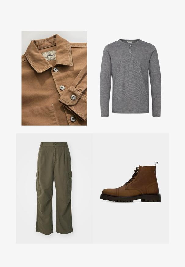 Brun denimskjorte med krave, sølvnap knapper og kontrasterende hvid syning. Etiket læser "Next Durable Goods."; Grå langærmet henley skjorte lavet af blødt stof, med rund halsudskæring, tre-knaps frontlukning og en subtil tekstur.; Cargo bukser i olivengrøn, lavet af bomuld, med et bredt ben design, læg og sidelommer til praktisk anvendelse.; Brun læder snørefri ankelstøvle med tyk sort sål og hængslet på en hvid baggrund.