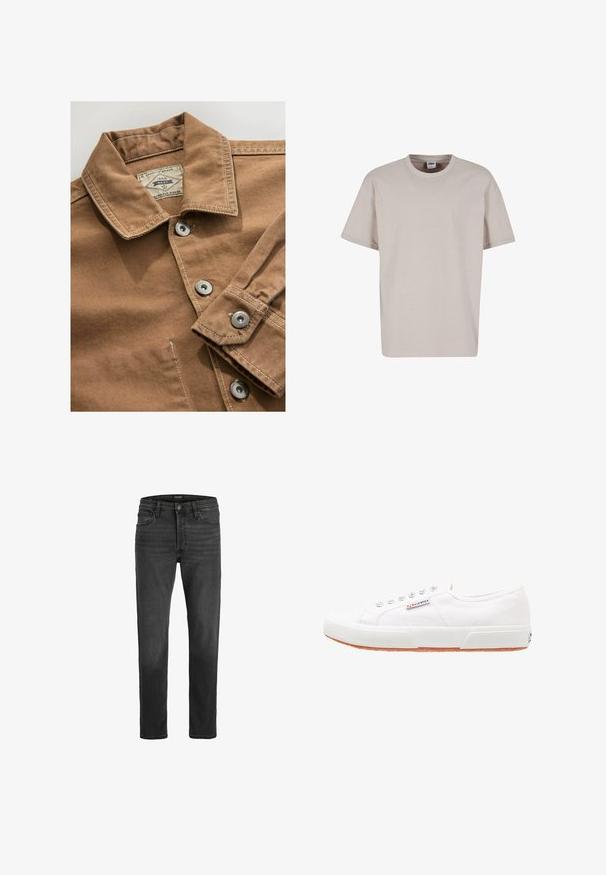 Bruine denim overhemd met een kraag, zilveren drukknoopjes en contrasterende witte stiksels. Etiket zegt "Next Durable Goods."; Urban Classics CUFF TEE - T-shirt basic - cloud; Zwarte denim jeans met een recht model, vijfzakken ontwerp en ritsluiting. Bevat subtiele vervaging en contrasterende stiksels.; Witte canvas sneakers met een rubberen zool, vetersluiting en een klein logolabel aan de zijkant. Gewreven wit bovenwerk en een bruine zool.