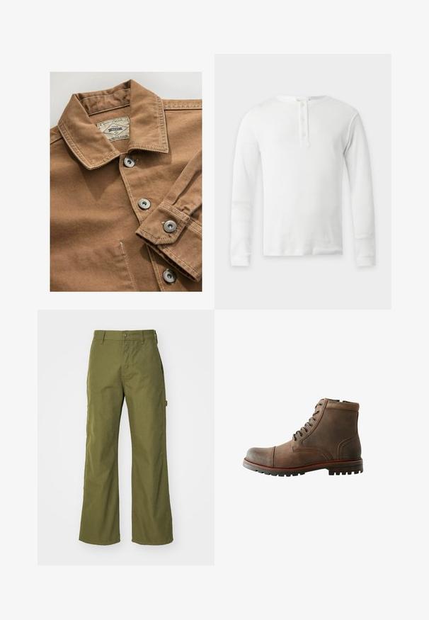 Camisa de mezclilla marrón con cuello, botones a presión plateados y costuras blancas en contraste. La etiqueta dice "Next Durable Goods."; Camiseta térmica blanca de manga larga con cuello redondo y tapeta de tres botones, presentada plana sobre un fondo claro.; Pantalones de pernera ancha en verde oliva, confeccionados con una tela resistente, que presentan un cierre de botón, bolsillos laterales y un diseño de dobladillo recto.; Botas de cuero marrón hasta el tobillo con punta redondeada, cuello acolchado, cordones con seis ojales y suela de goma texturizada. Acentos de costura en los laterales.