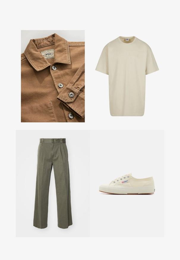 Braune Jeanshemden mit Kragen, silbernen Druckknöpfen und kontrastierenden weißen Nähten. Das Etikett trägt die Aufschrift "Next Durable Goods."; Hellbeiges Baumwoll-T-Shirt mit kurzen Ärmeln, Rundhalsausschnitt und legerer Passform. Der Stoff wirkt glatt ohne sichtbare Muster oder Akzente.; Olivgrüne Hose mit einem lockeren, weit geschnittenen Design und vorderen Falten. Hergestellt aus strukturiertem Stoff mit einem normalen Bund und ohne sichtbare Beschläge.; Beige Leinen-Sneaker mit niedrigem Profil, Metallösen und Gummisohle. Mit einem strukturierten Muster und einem Logodetail an der Seite.