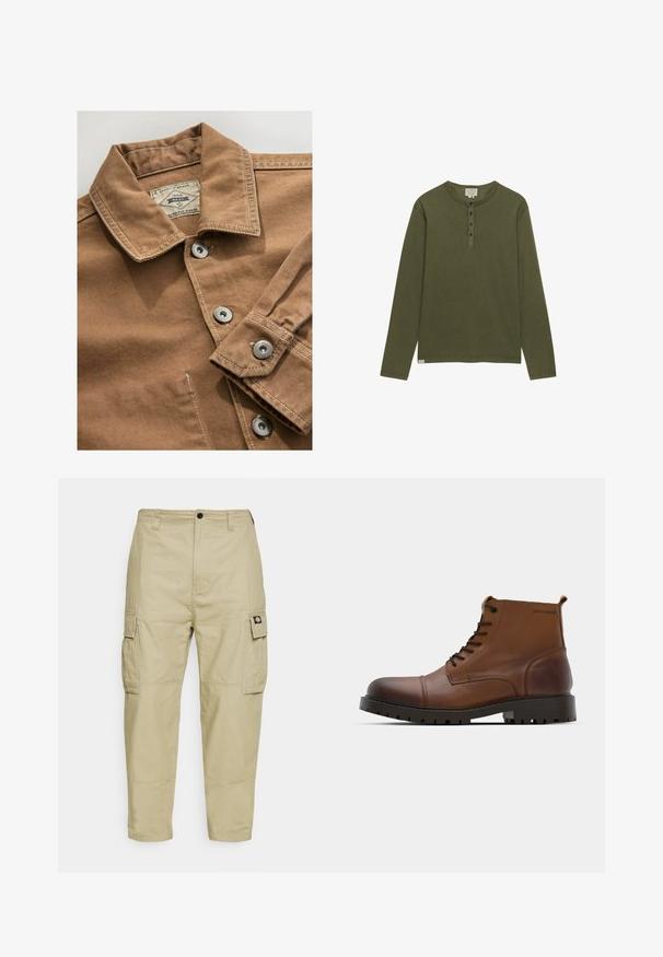 Camisa de mezclilla marrón con cuello, botones a presión plateados y costuras blancas en contraste. La etiqueta dice "Next Durable Goods."; Camisa henley de manga larga en verde oliva con cuatro botones negros y cuello redondo, mostrada sobre un fondo blanco.; Pantalones cargo beige hechos de una tela duradera, con dos bolsillos laterales, cierre de botón y piernas ajustadas con una textura suave.; Botas de piel marrón hasta el tobillo con puntera redonda, cordones negros y suela de goma texturizada. Presenta un detalle de logo en el lateral y un acabado suave.