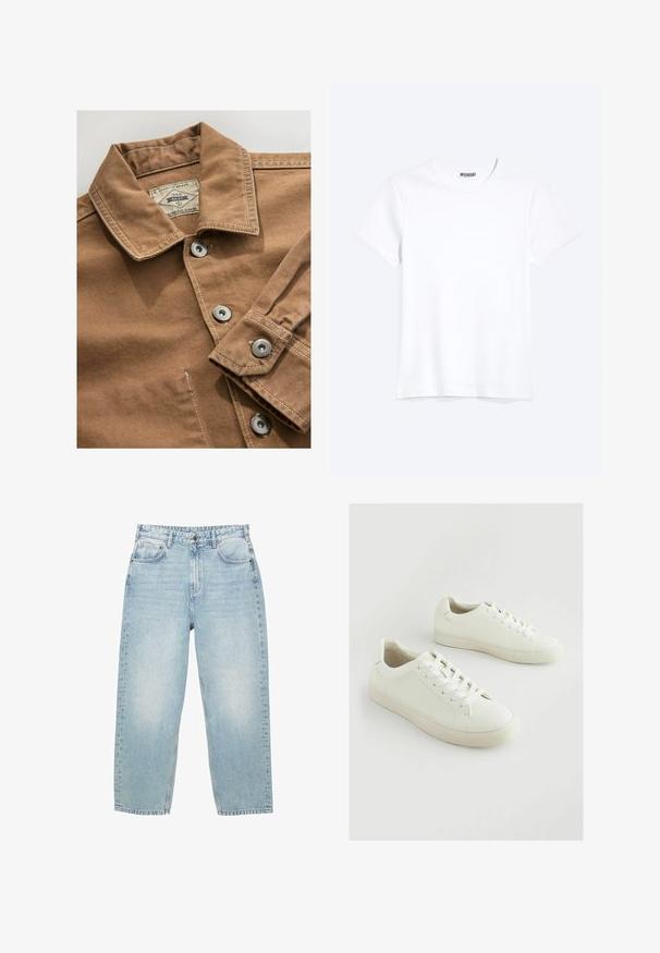 Braune Jeanshemden mit Kragen, silbernen Druckknöpfen und kontrastierenden weißen Nähten. Das Etikett trägt die Aufschrift "Next Durable Goods."; Schlichtes weißes T-Shirt mit kurzen Ärmeln und Rundhalsausschnitt mit gut sichtbarem WEEKDAY-Label am Kragen, dargestellt auf hellem Hintergrund.; Hellblaue hochgeschnittene Jeans aus Denim mit geradem Bein, vorderen und hinteren Taschen sowie einem Knopfverschluss mit sichtbaren Nähten.; Weiße Sneaker aus strukturiertem Synthetikmaterial mit rundem Zehenbereich, Schnürsenkelverschluss und leicht erhöhtem Gummisohlensohle.