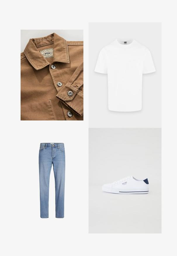 Brun denimskjorte med krave, sølvnap knapper og kontrasterende hvid syning. Etiket læser "Next Durable Goods."; Enkelt hvid kortærmet T-shirt med rund hals i bomuld vist på en lys grå baggrund.; Lysblå denimjeans med lige pasform, standard fem-lomme design og synlig stitching. Ingen tydelige mønstre eller accenter.; Hvide kanvas sneakers med en marineblå hælaccents, flad gummisål, rund tå og hvide snørebånd. Har logo på siden.