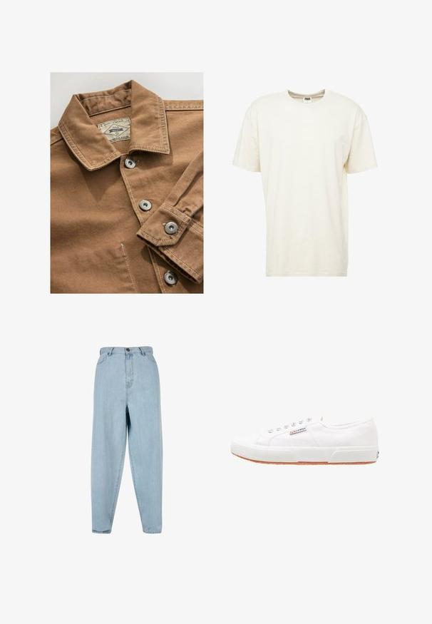 Bruine denim overhemd met een kraag, zilveren drukknoopjes en contrasterende witte stiksels. Etiket zegt "Next Durable Goods."; Korte mouwen, ronde hals t-shirt in lichtcrème kleur. Gemaakt van zacht katoen met een relaxte pasvorm en minimale naden.; Lichtblauwe high-waisted jeans met een relaxte fit. Voorzien van een knoopsluiting, ritssluiting en vijf-pocketdesign. Licht vervaagde stoftextuur.; Witte canvas sneakers met een rubberen zool, vetersluiting en een klein logolabel aan de zijkant. Gewreven wit bovenwerk en een bruine zool.