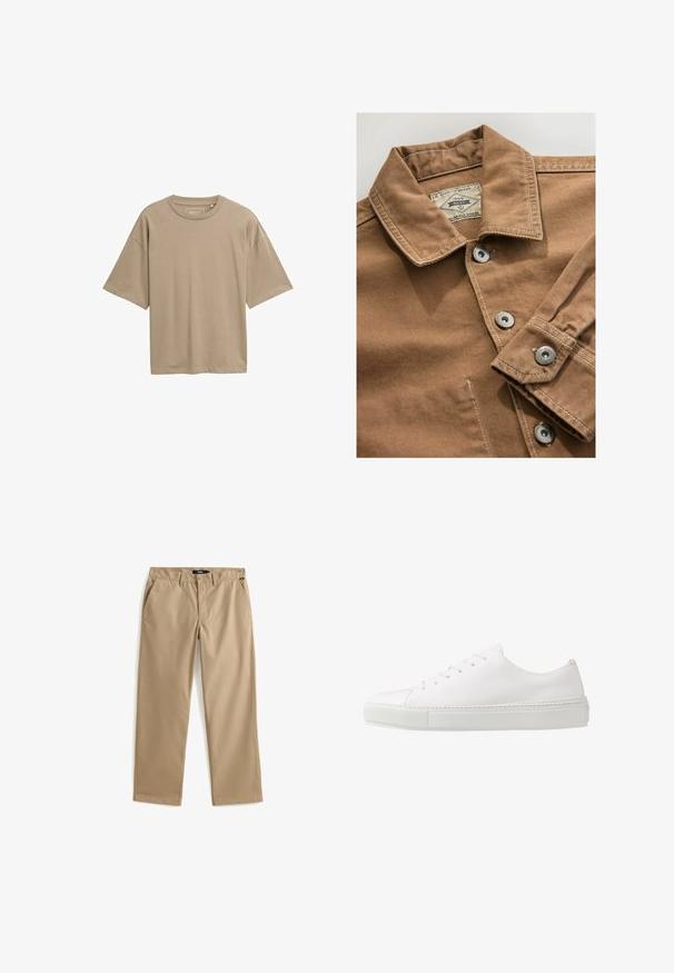 Bruine denim overhemd met een kraag, zilveren drukknoopjes en contrasterende witte stiksels. Etiket zegt "Next Durable Goods."; Beige T-shirt met korte mouwen, een relaxte pasvorm, ronde halslijn en een gladde textuur. Geen zichtbare patronen of hardwaredetails.; Beige recht gesneden chino's van lichtgewicht katoen. Voorzien van twee voorzakken en een knoopsluiting. Gladde textuur, minimale details.; Witte leren sneaker met een gladde afwerking, ronde neus en zes oogjes voor veters. Voorzien van een getextureerde rubberen zool en een minimalistisch ontwerp.